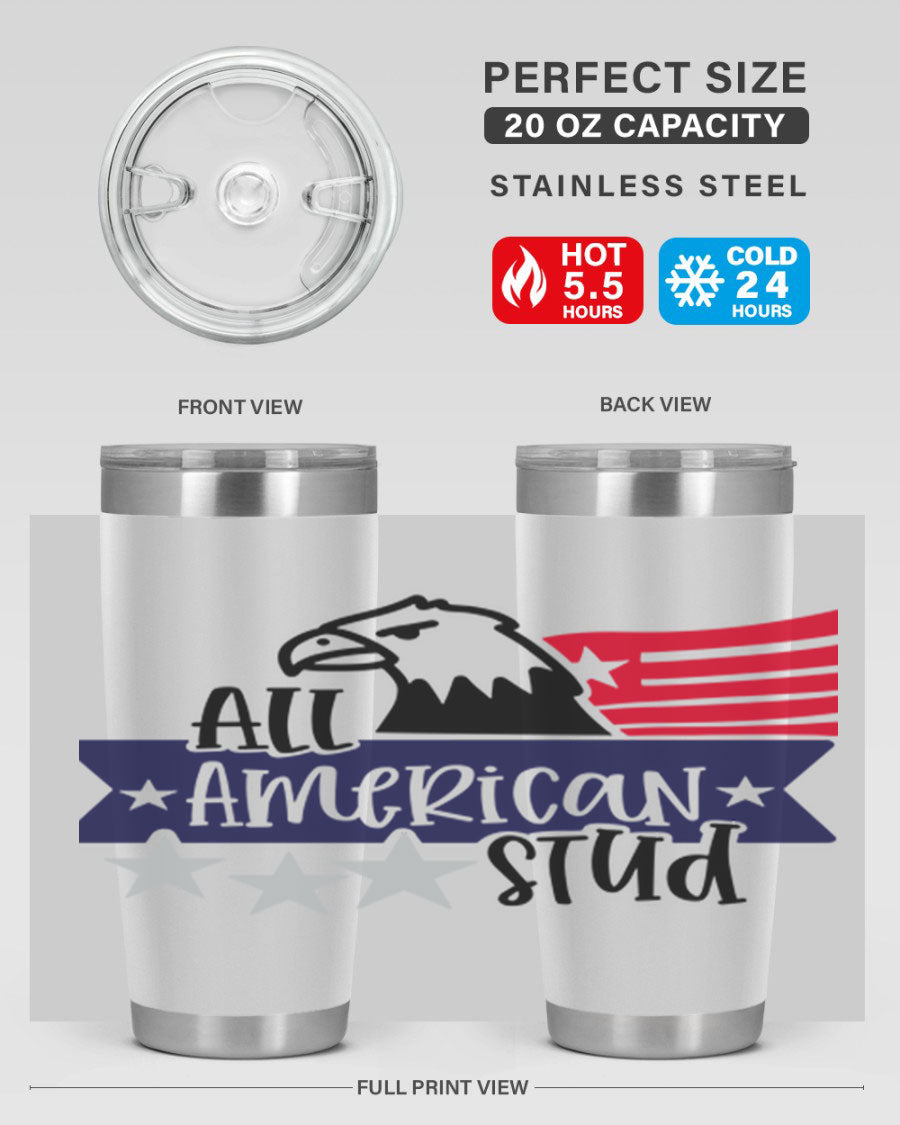 All American Stud Style 142# tumbler featuring a patriotic design, double wall vacuum insulation, and a press-in lid, ideal for hot and cold beverages.