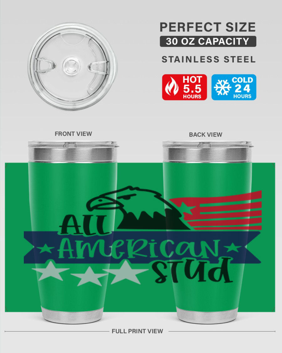 All American Stud Style 142# tumbler featuring a patriotic design, double wall vacuum insulation, and a press-in lid, ideal for hot and cold beverages.