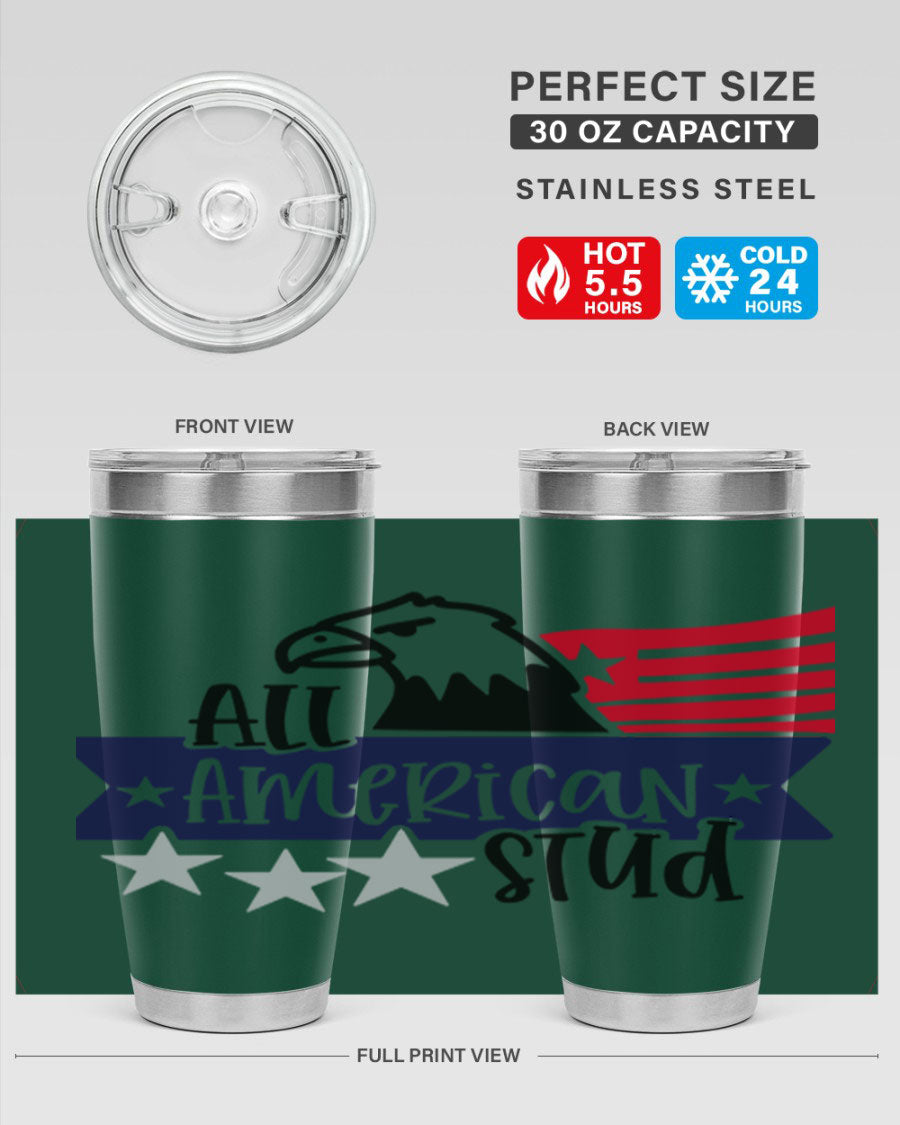 All American Stud Style 142# tumbler featuring a patriotic design, double wall vacuum insulation, and a press-in lid, ideal for hot and cold beverages.