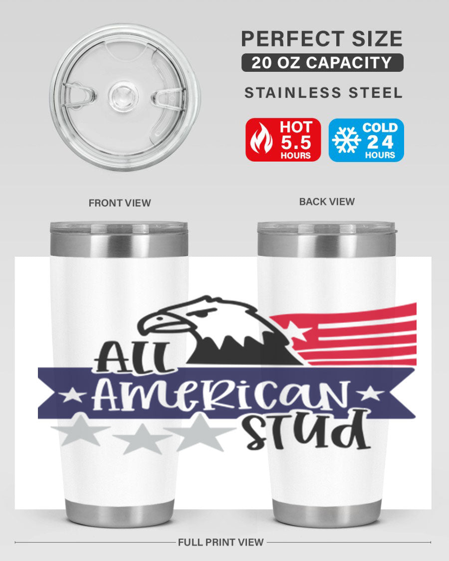 All American Stud Style 142# tumbler featuring a patriotic design, double wall vacuum insulation, and a press-in lid, ideal for hot and cold beverages.