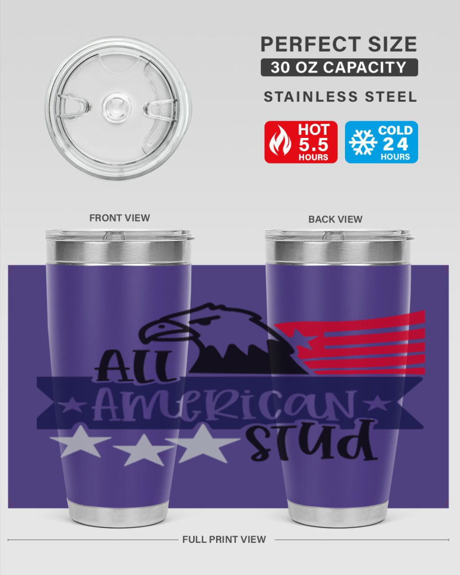 All American Stud Style 142# tumbler featuring a patriotic design, double wall vacuum insulation, and a press-in lid, ideal for hot and cold beverages.