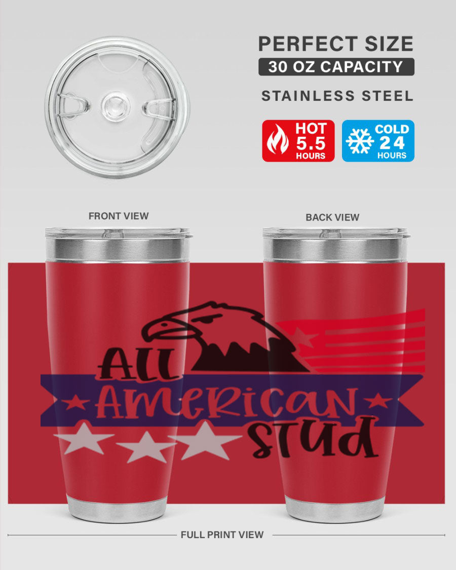 All American Stud Style 142# tumbler featuring a patriotic design, double wall vacuum insulation, and a press-in lid, ideal for hot and cold beverages.