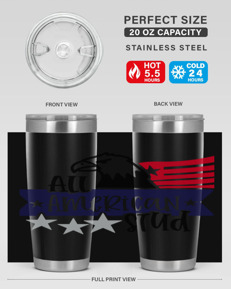 All American Stud Style 142# tumbler featuring a patriotic design, double wall vacuum insulation, and a press-in lid, ideal for hot and cold beverages.