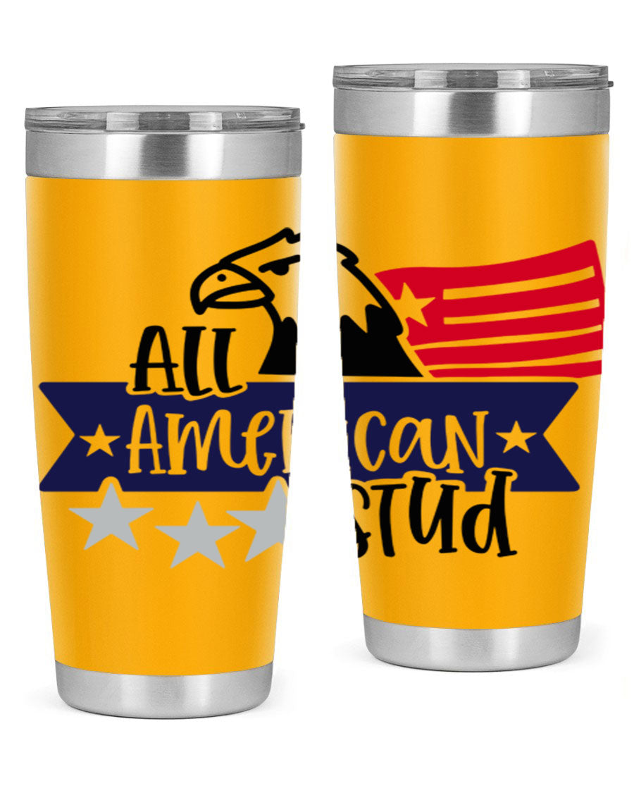 All American Stud Style 142# tumbler featuring a patriotic design, double wall vacuum insulation, and a press-in lid, ideal for hot and cold beverages.