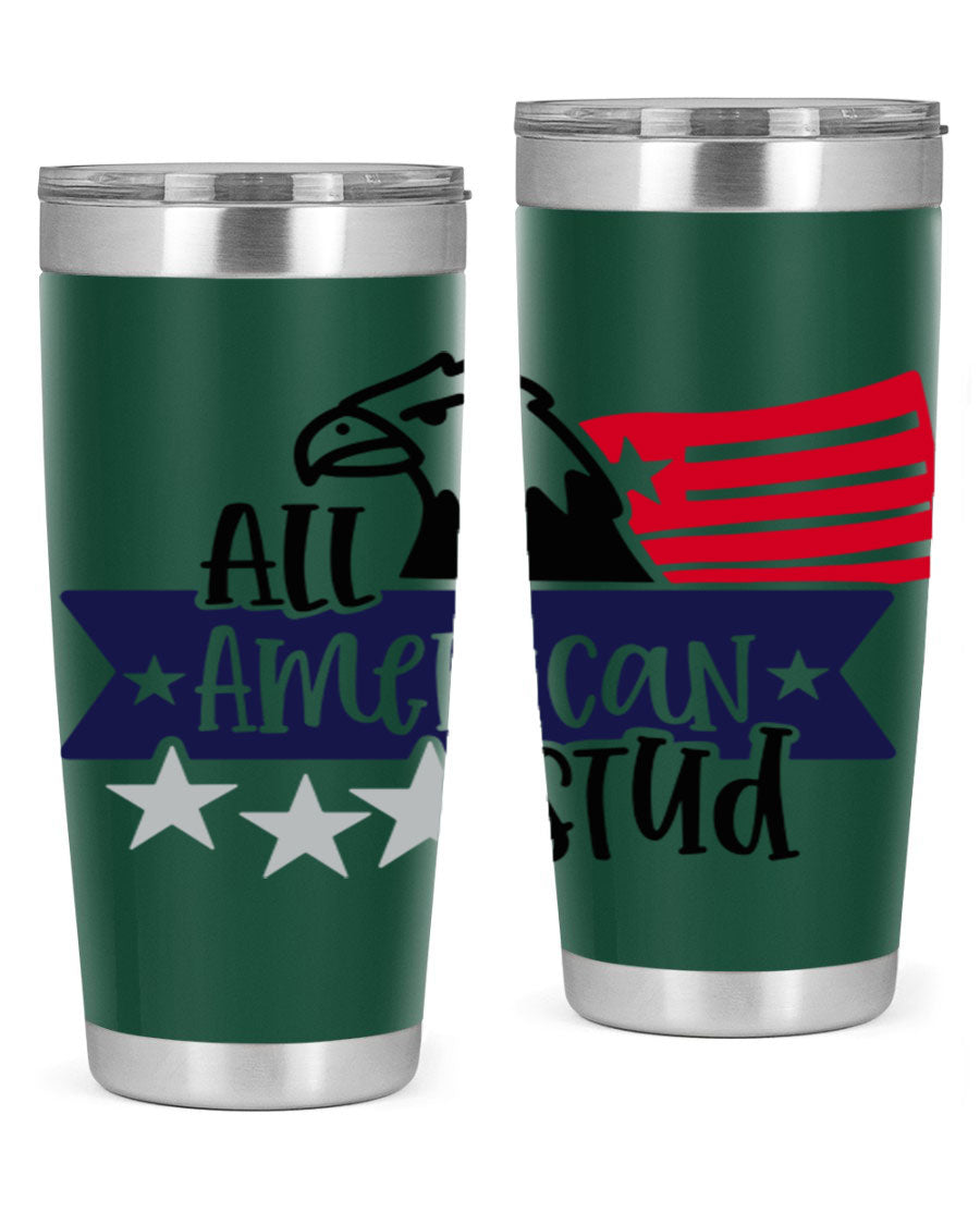 All American Stud Style 142# tumbler featuring a patriotic design, double wall vacuum insulation, and a press-in lid, ideal for hot and cold beverages.