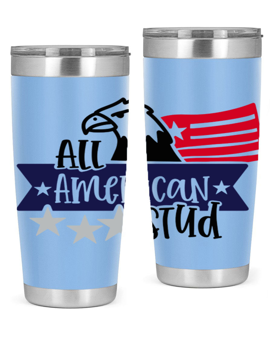 All American Stud Style 142# tumbler featuring a patriotic design, double wall vacuum insulation, and a press-in lid, ideal for hot and cold beverages.