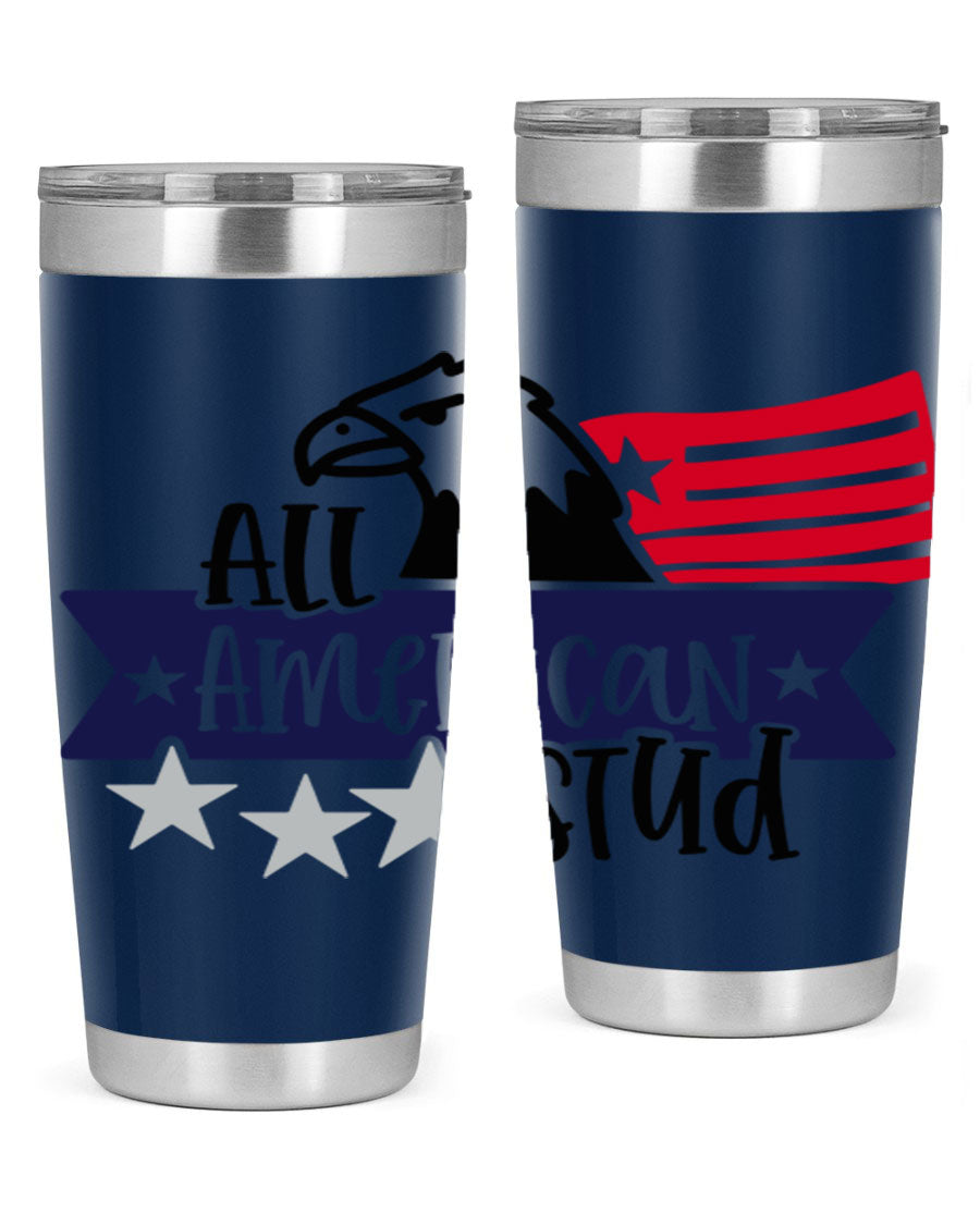 All American Stud Style 142# tumbler featuring a patriotic design, double wall vacuum insulation, and a press-in lid, ideal for hot and cold beverages.