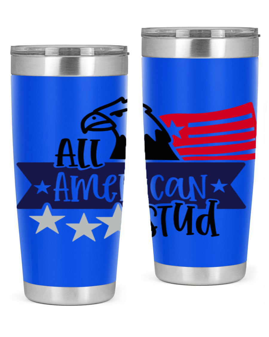 All American Stud Style 142# tumbler featuring a patriotic design, double wall vacuum insulation, and a press-in lid, ideal for hot and cold beverages.
