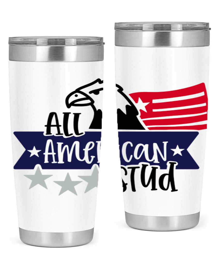 All American Stud Style 142# tumbler featuring a patriotic design, double wall vacuum insulation, and a press-in lid, ideal for hot and cold beverages.