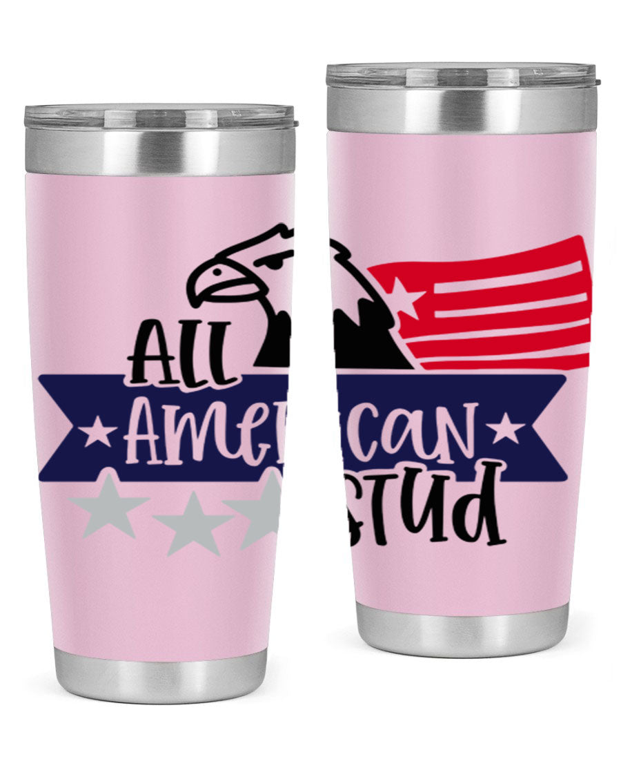 All American Stud Style 142# tumbler featuring a patriotic design, double wall vacuum insulation, and a press-in lid, ideal for hot and cold beverages.