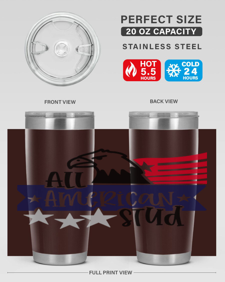 All American Stud Style 142# tumbler featuring a patriotic design, double wall vacuum insulation, and a press-in lid, ideal for hot and cold beverages.