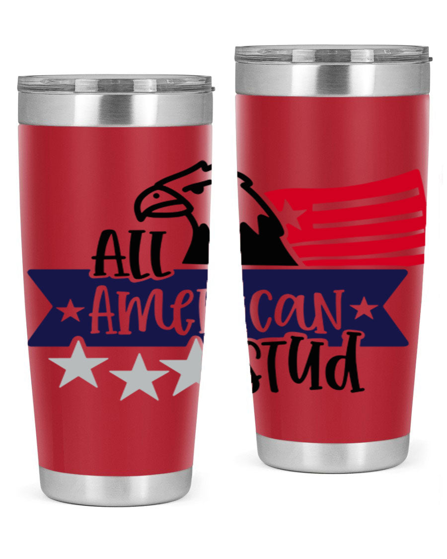 All American Stud Style 142# tumbler featuring a patriotic design, double wall vacuum insulation, and a press-in lid, ideal for hot and cold beverages.