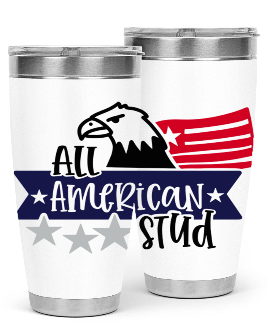 All American Stud Style 142# tumbler featuring a patriotic design, double wall vacuum insulation, and a press-in lid, ideal for hot and cold beverages.