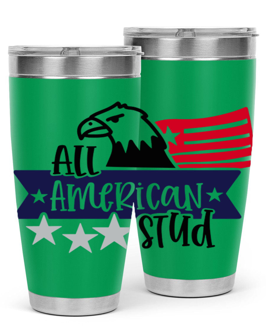 All American Stud Style 142# tumbler featuring a patriotic design, double wall vacuum insulation, and a press-in lid, ideal for hot and cold beverages.