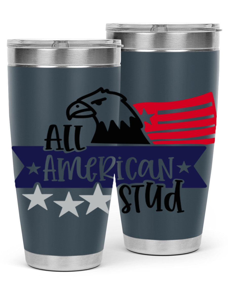 All American Stud Style 142# tumbler featuring a patriotic design, double wall vacuum insulation, and a press-in lid, ideal for hot and cold beverages.