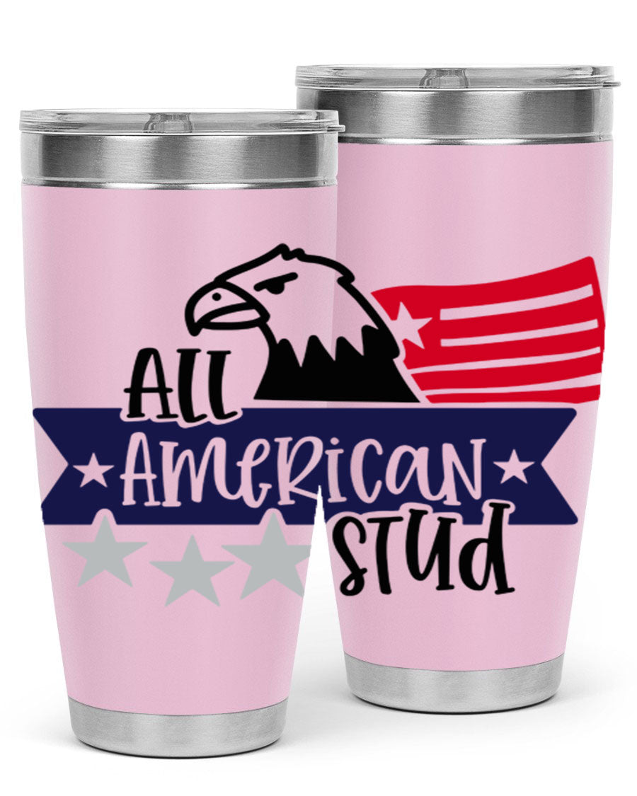All American Stud Style 142# tumbler featuring a patriotic design, double wall vacuum insulation, and a press-in lid, ideal for hot and cold beverages.