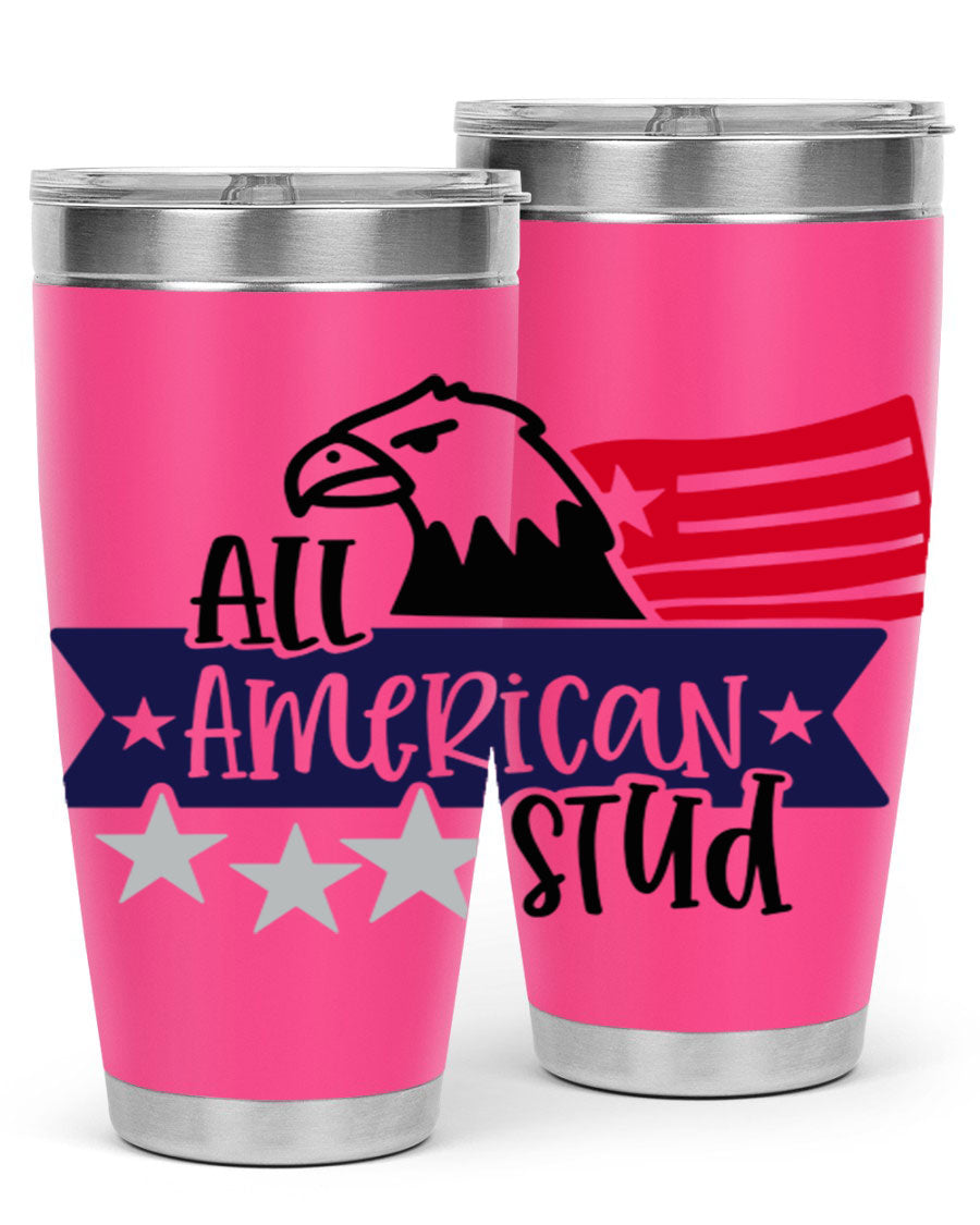 All American Stud Style 142# tumbler featuring a patriotic design, double wall vacuum insulation, and a press-in lid, ideal for hot and cold beverages.