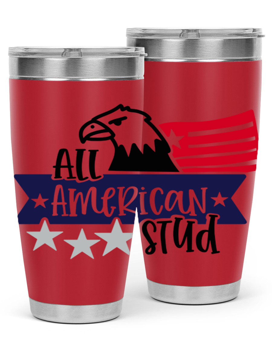 All American Stud Style 142# tumbler featuring a patriotic design, double wall vacuum insulation, and a press-in lid, ideal for hot and cold beverages.