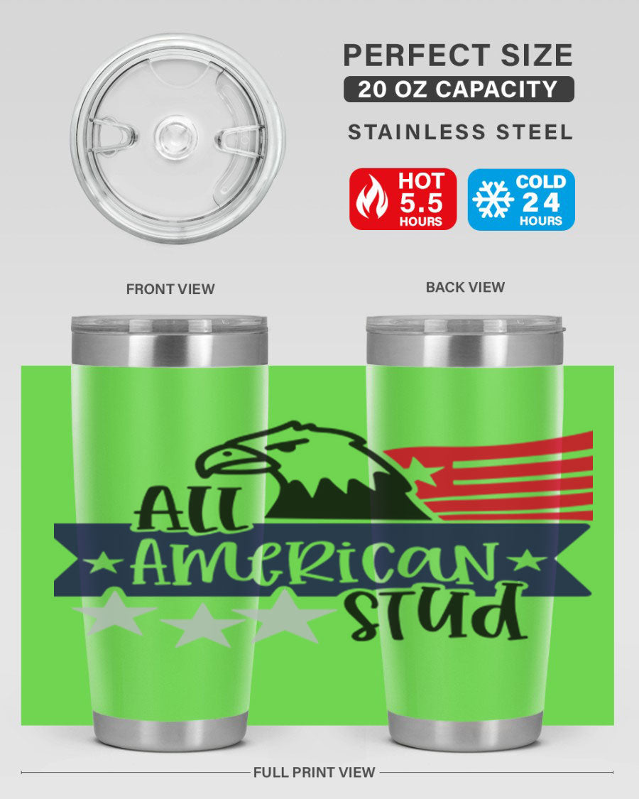 All American Stud Style 142# tumbler featuring a patriotic design, double wall vacuum insulation, and a press-in lid, ideal for hot and cold beverages.