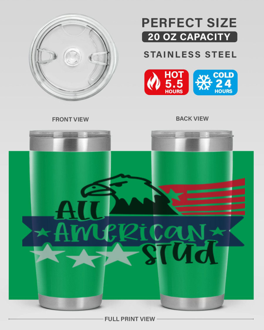 All American Stud Style 142# tumbler featuring a patriotic design, double wall vacuum insulation, and a press-in lid, ideal for hot and cold beverages.