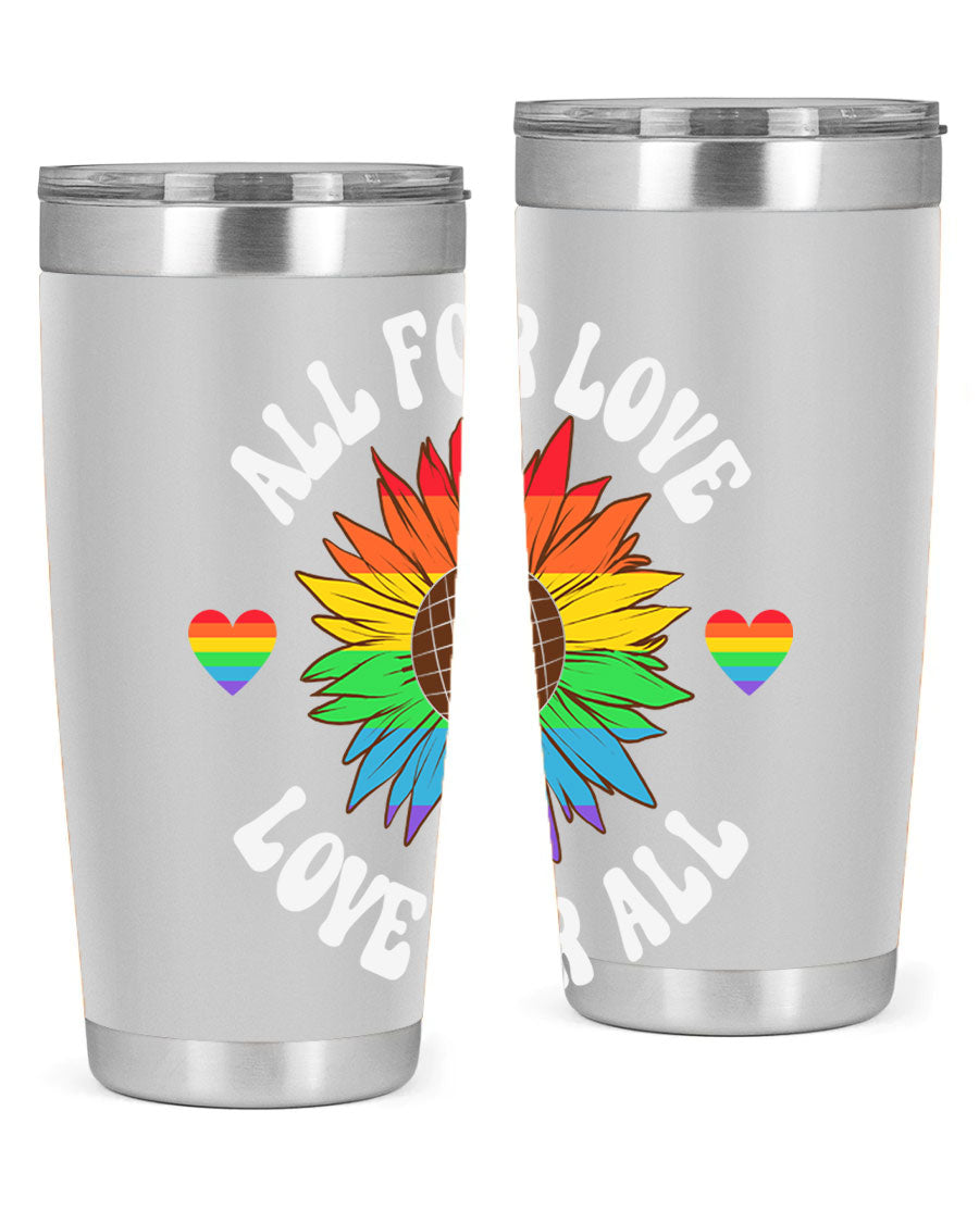 All for Love Love for LGBT Tumbler in vibrant colors, showcasing its double wall stainless steel design and drink-thru lid.