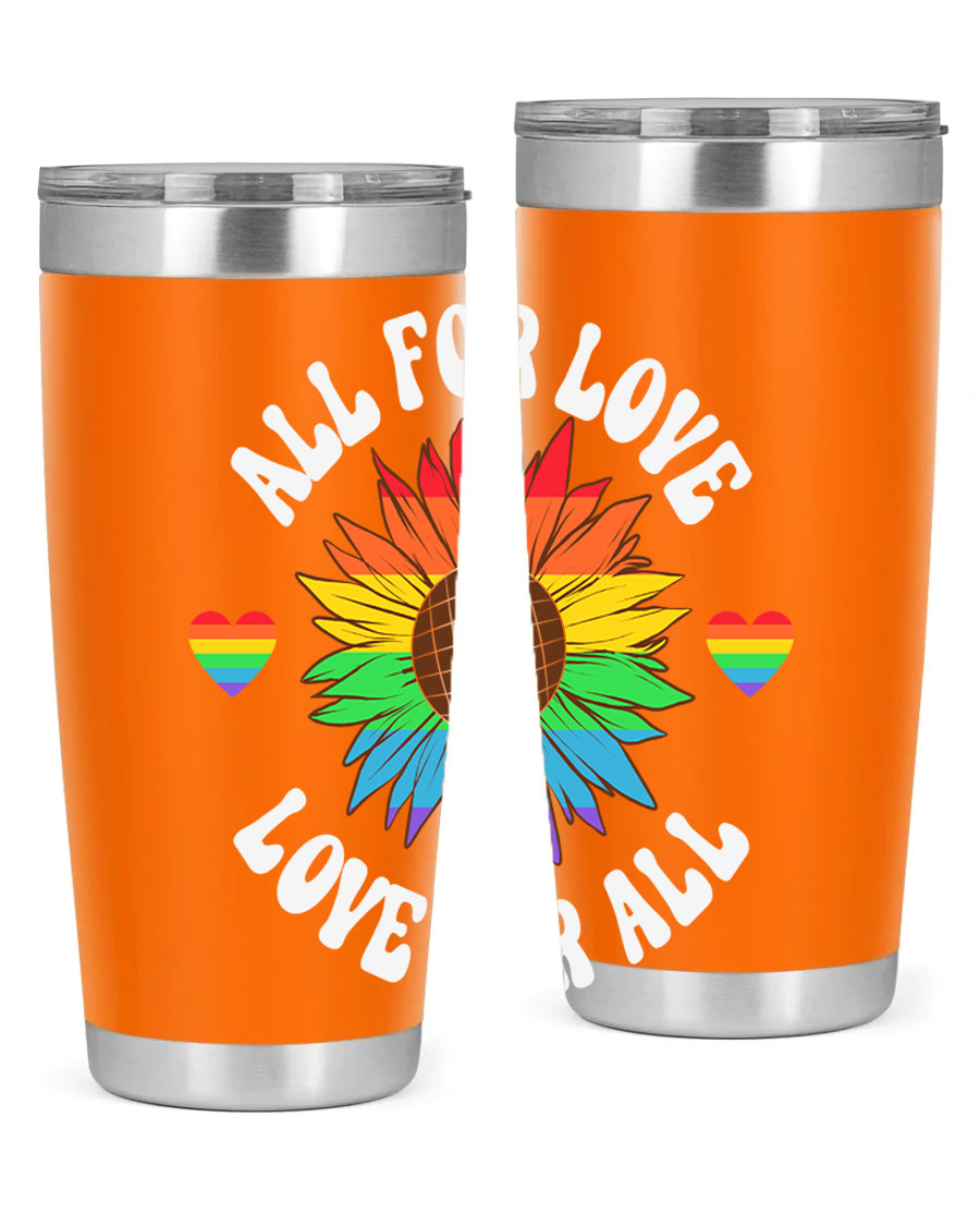 All for Love Love for LGBT Tumbler in vibrant colors, showcasing its double wall stainless steel design and drink-thru lid.