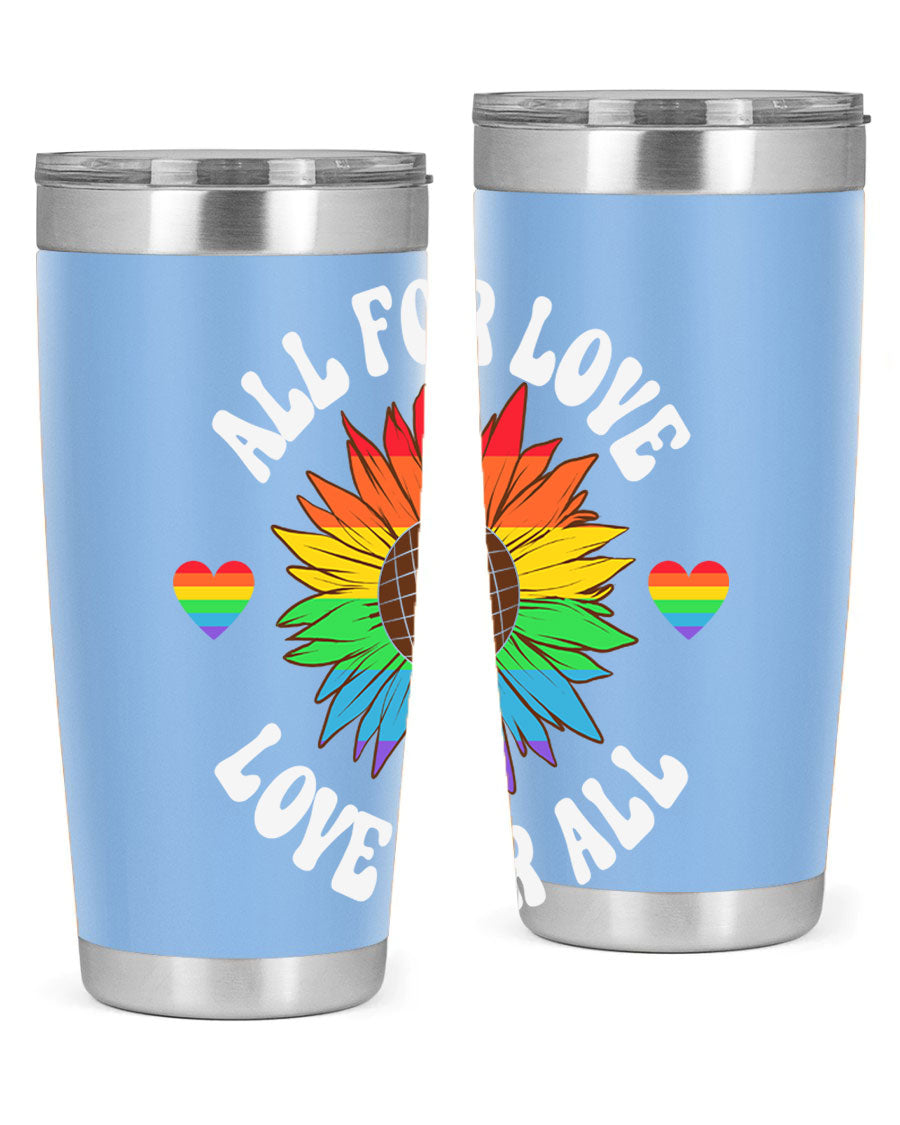 All for Love Love for LGBT Tumbler in vibrant colors, showcasing its double wall stainless steel design and drink-thru lid.