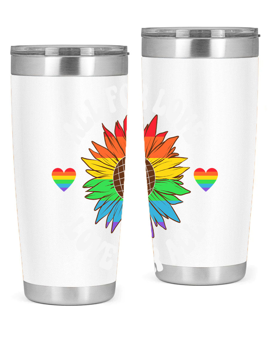 All for Love Love for LGBT Tumbler in vibrant colors, showcasing its double wall stainless steel design and drink-thru lid.