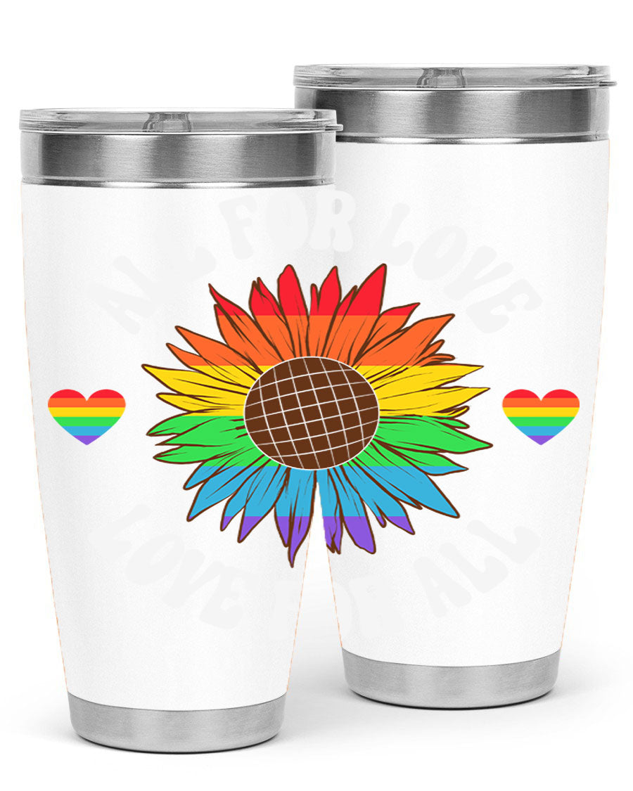 All for Love Love for LGBT Tumbler in vibrant colors, showcasing its double wall stainless steel design and drink-thru lid.