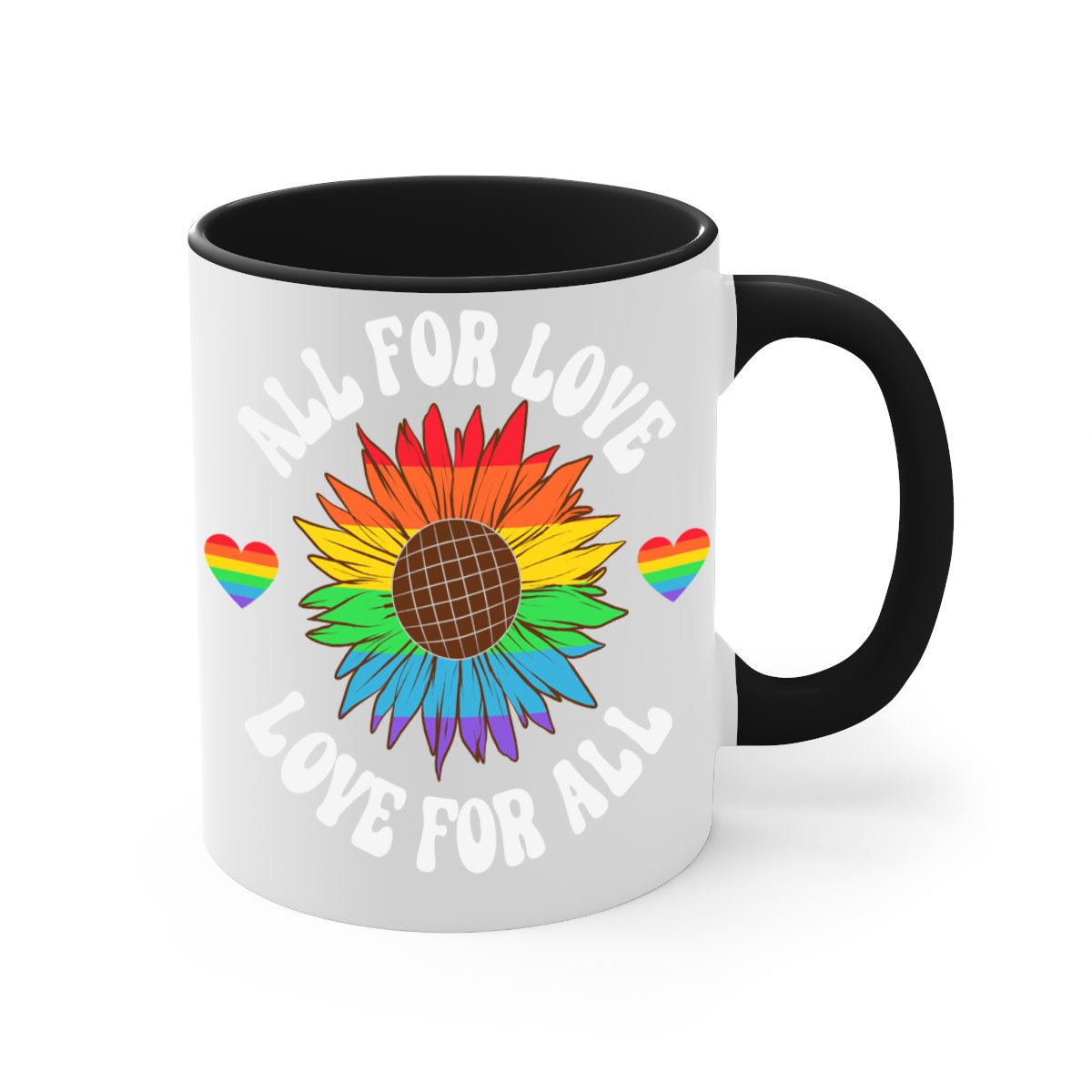 All for Love LGBT Mug with colorful handle and glossy finish, available in multiple colors and sizes.