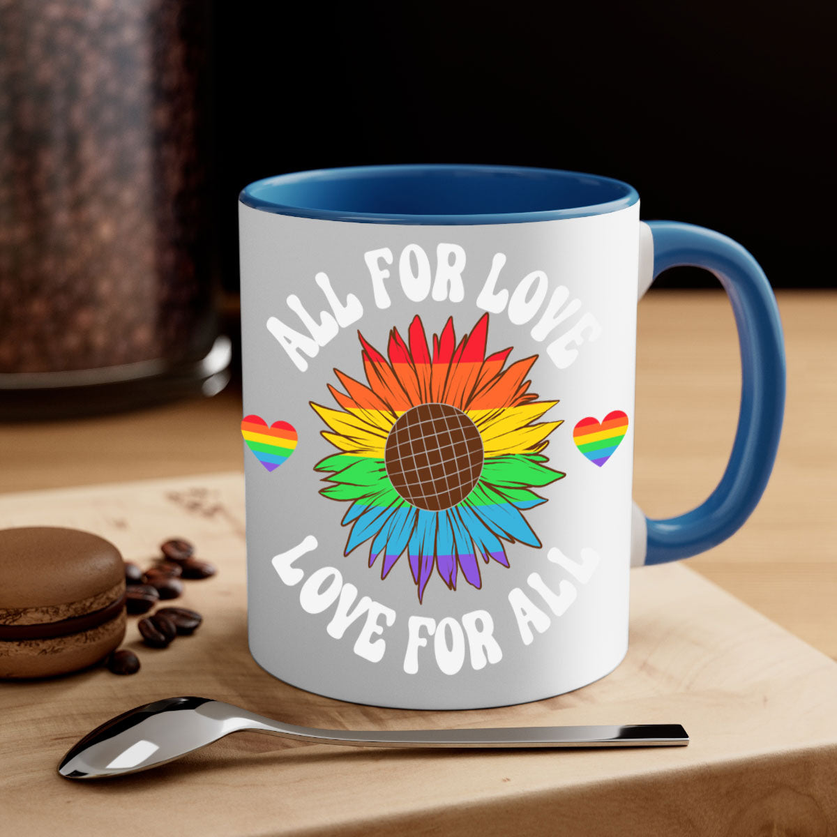 All for Love LGBT Mug with colorful handle and glossy finish, available in multiple colors and sizes.