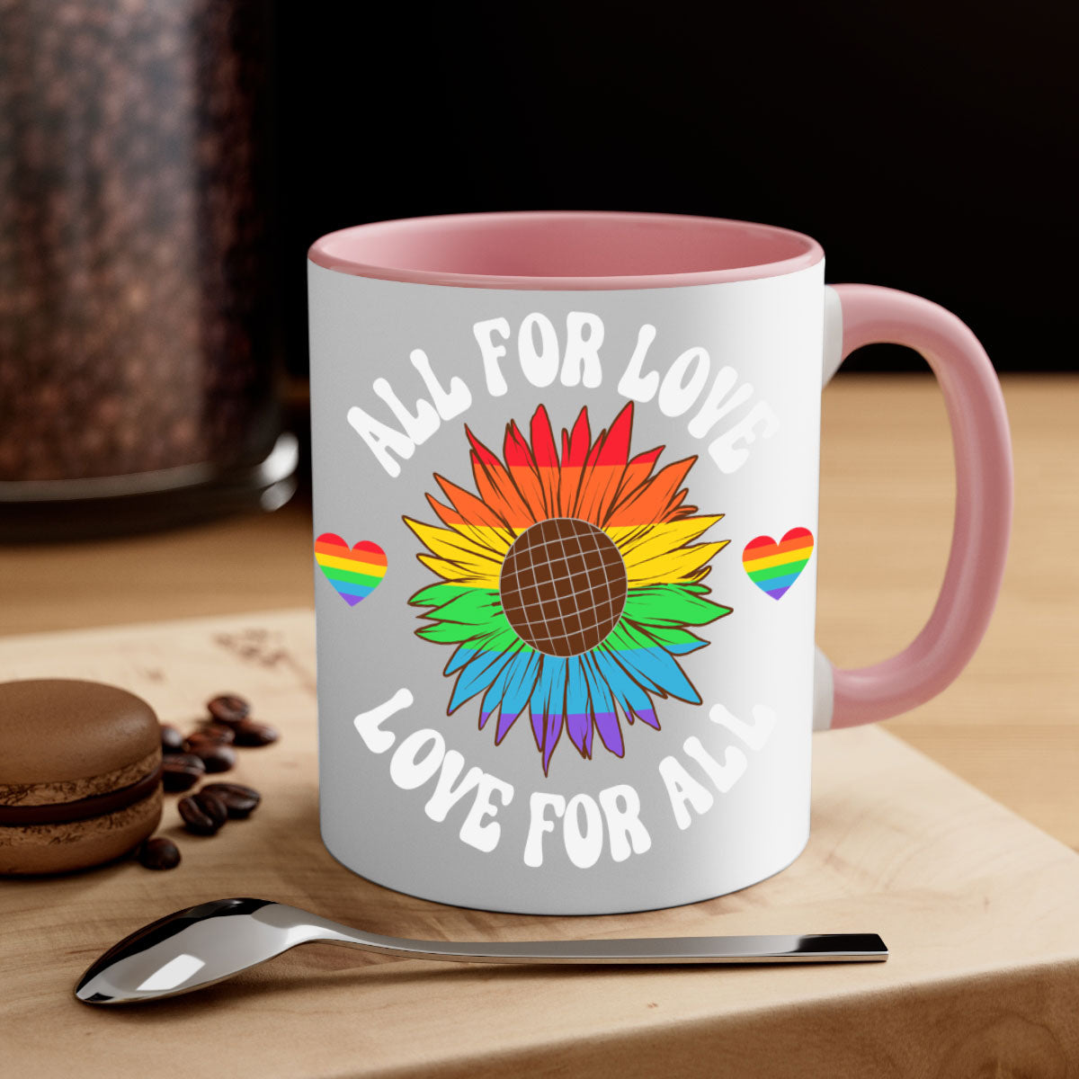 All for Love LGBT Mug with colorful handle and glossy finish, available in multiple colors and sizes.