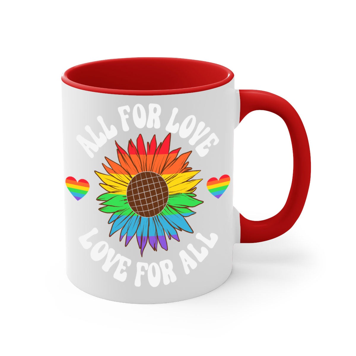 All for Love LGBT Mug with colorful handle and glossy finish, available in multiple colors and sizes.
