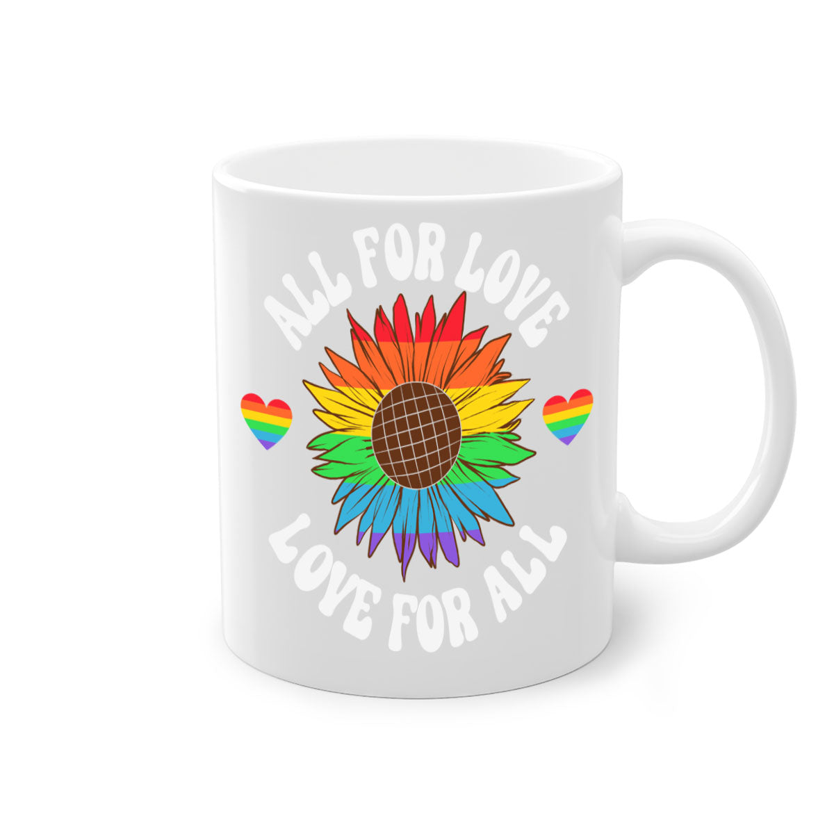 All for Love LGBT Mug with colorful handle and glossy finish, available in multiple colors and sizes.
