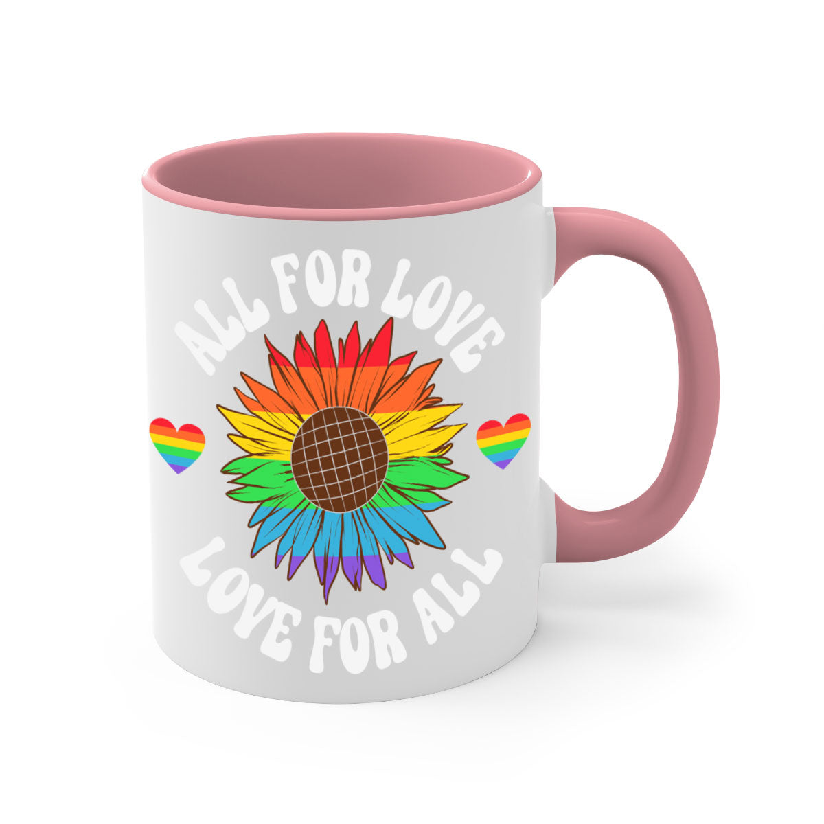 All for Love LGBT Mug with colorful handle and glossy finish, available in multiple colors and sizes.