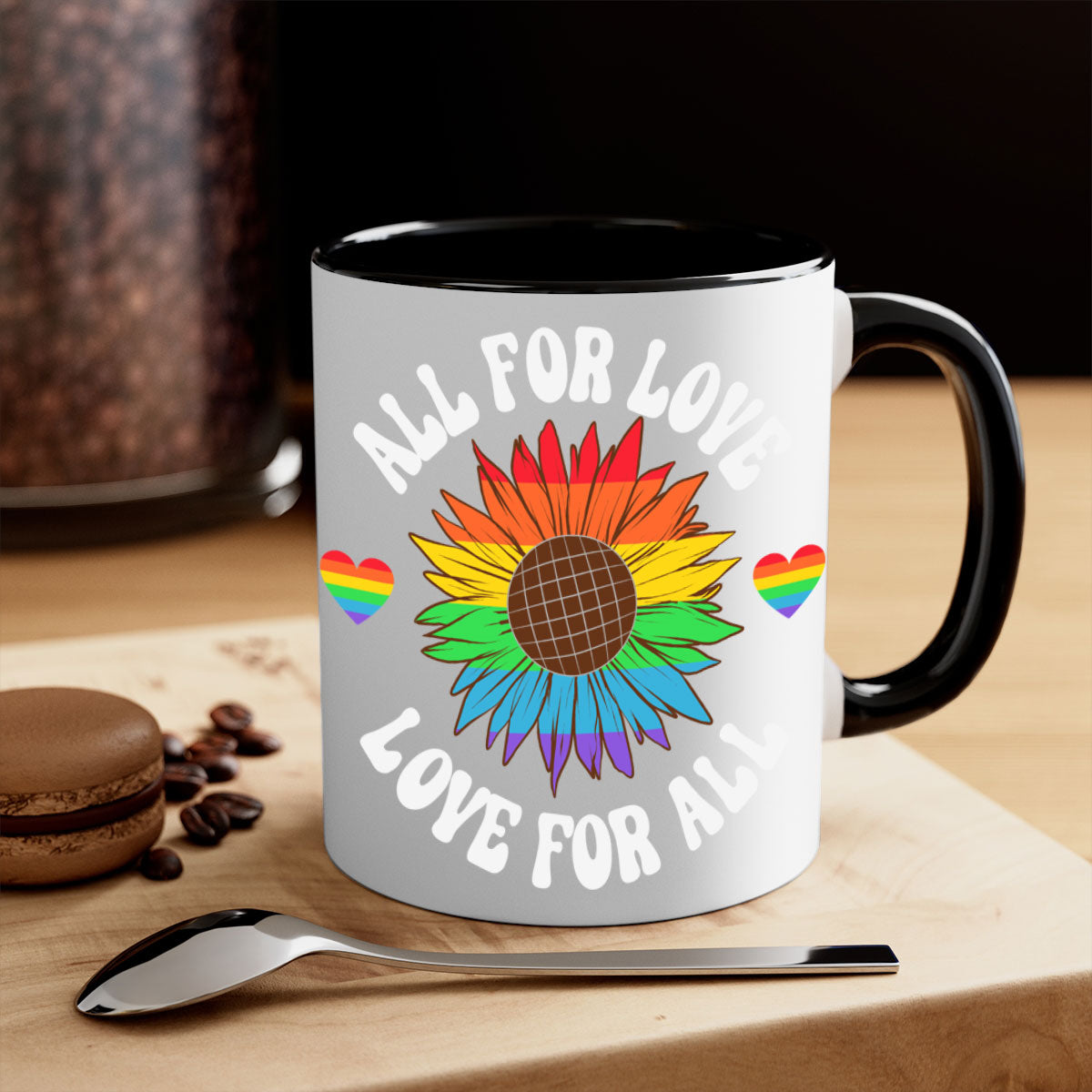 All for Love LGBT Mug with colorful handle and glossy finish, available in multiple colors and sizes.