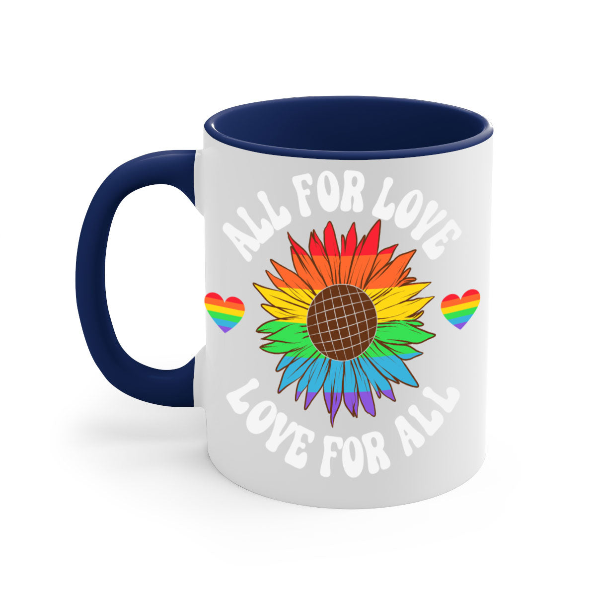 All for Love LGBT Mug with colorful handle and glossy finish, available in multiple colors and sizes.