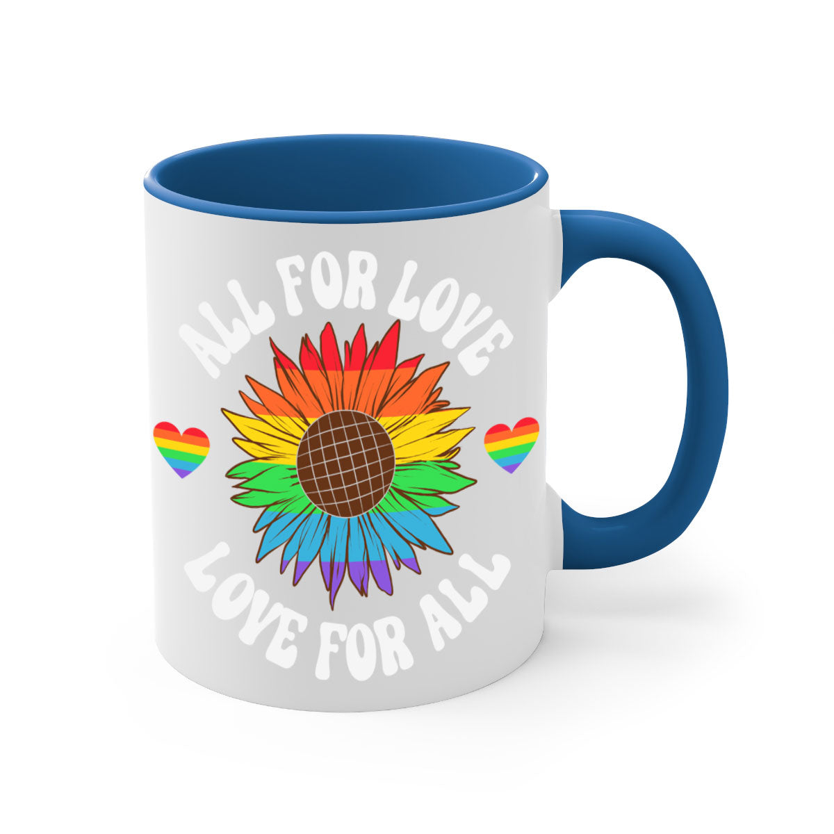 All for Love LGBT Mug with colorful handle and glossy finish, available in multiple colors and sizes.