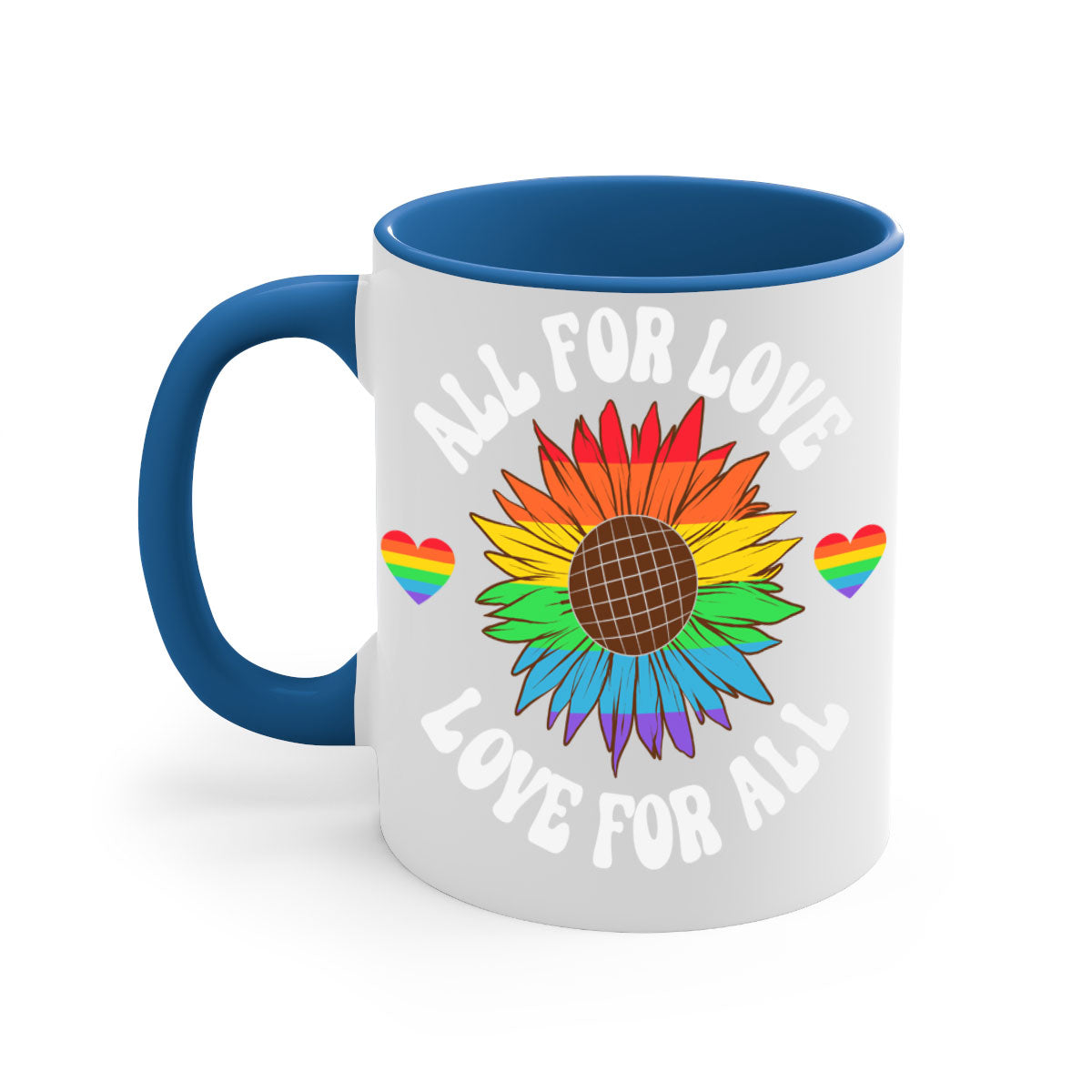 All for Love LGBT Mug with colorful handle and glossy finish, available in multiple colors and sizes.