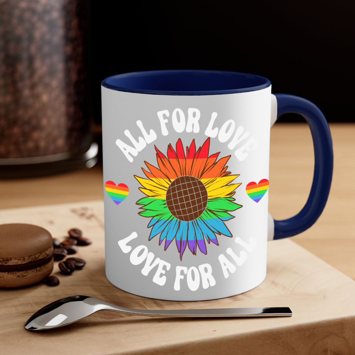 All for Love LGBT Mug with colorful handle and glossy finish, available in multiple colors and sizes.