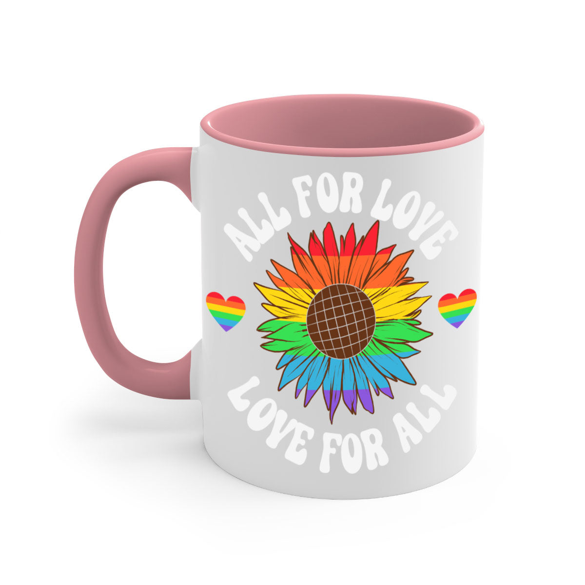All for Love LGBT Mug with colorful handle and glossy finish, available in multiple colors and sizes.