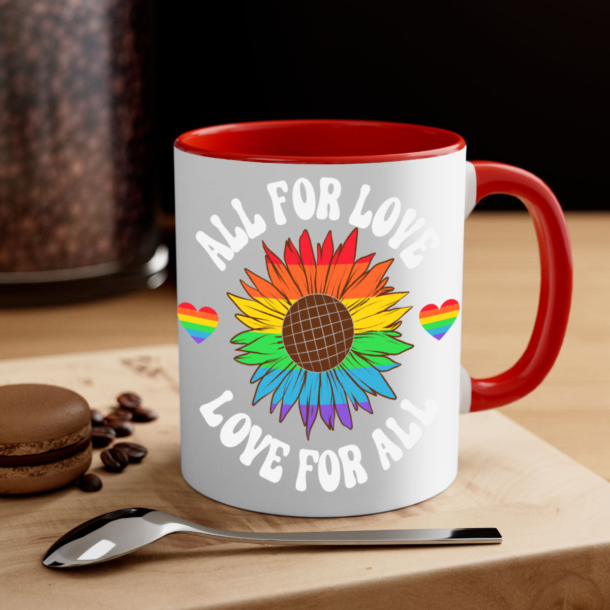 All for Love LGBT Mug with colorful handle and glossy finish, available in multiple colors and sizes.