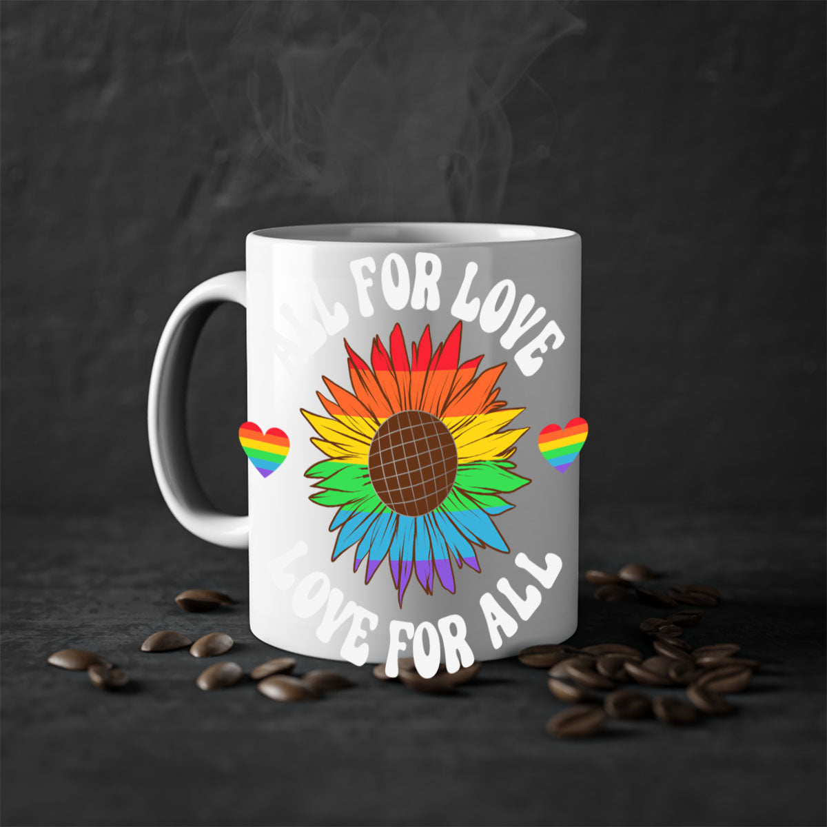 All for Love LGBT Mug with colorful handle and glossy finish, available in multiple colors and sizes.
