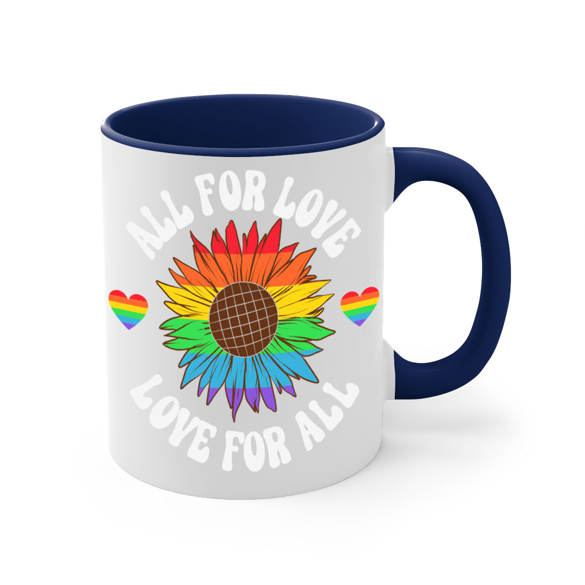 All for Love LGBT Mug with colorful handle and glossy finish, available in multiple colors and sizes.
