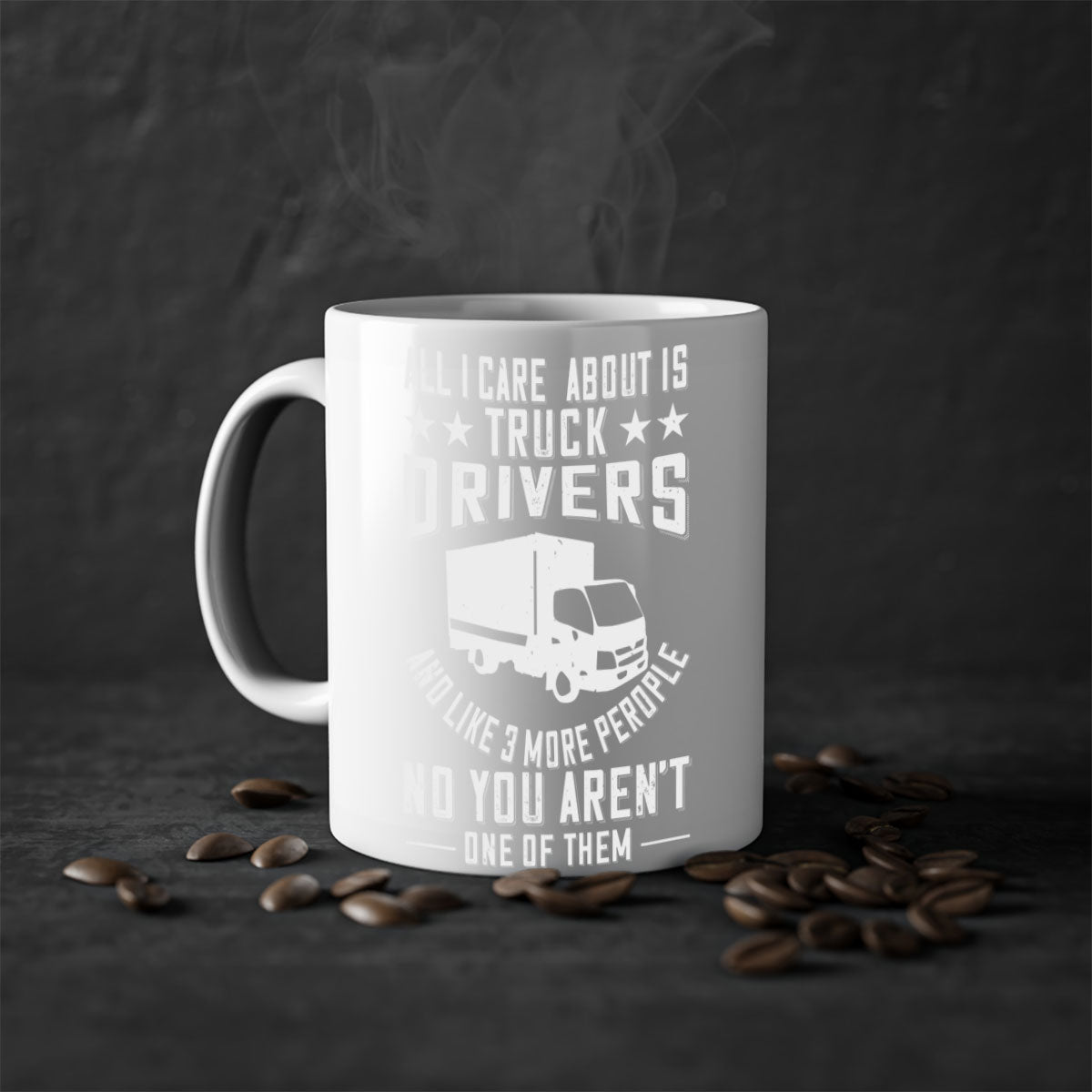 A stylish two-tone coffee mug featuring the phrase 'All I Care About Is Truck Drivers', available in multiple colors with a glossy finish.