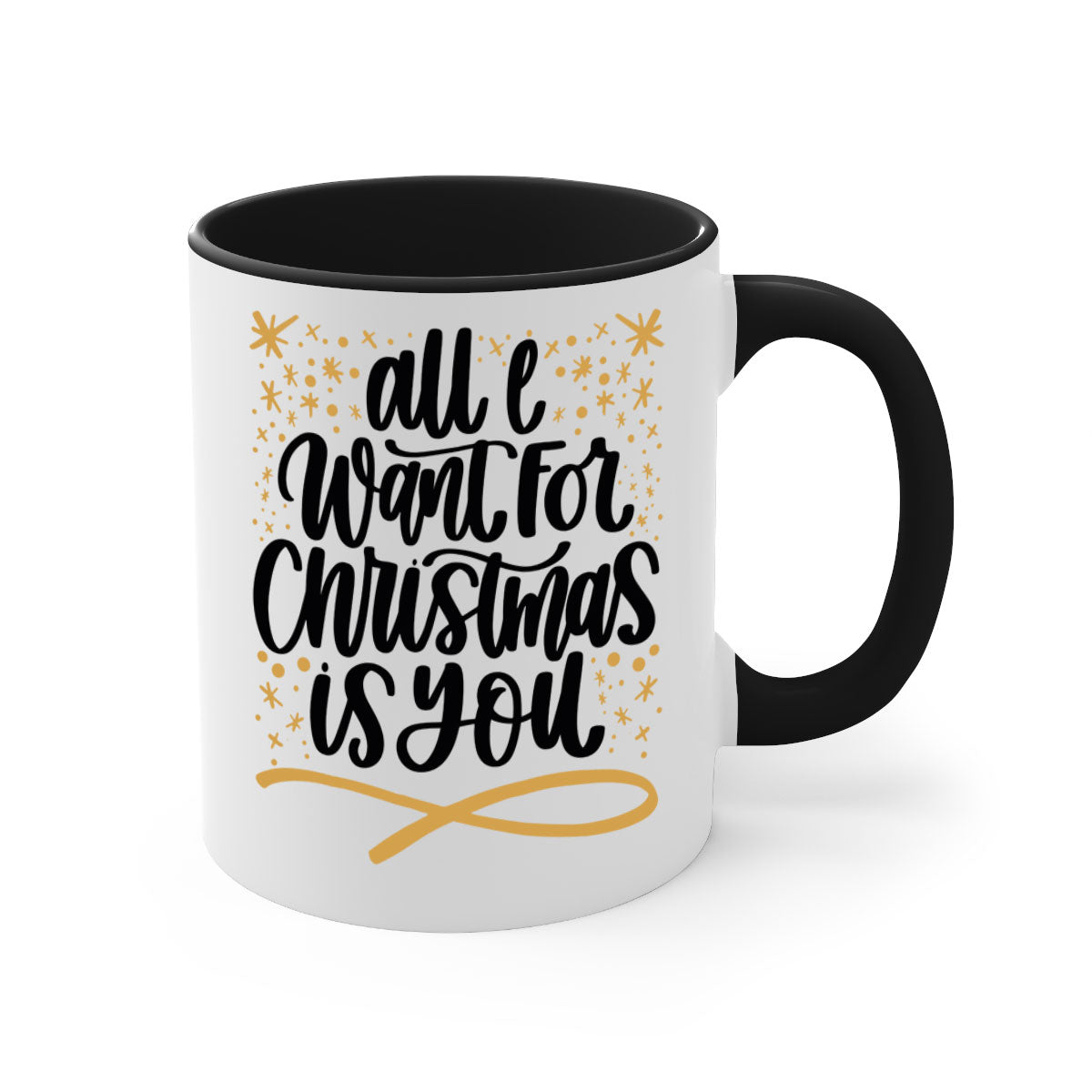 All I Want for Christmas Is You Gold Mug with a glossy finish and colorful handle, perfect for holiday beverages.
