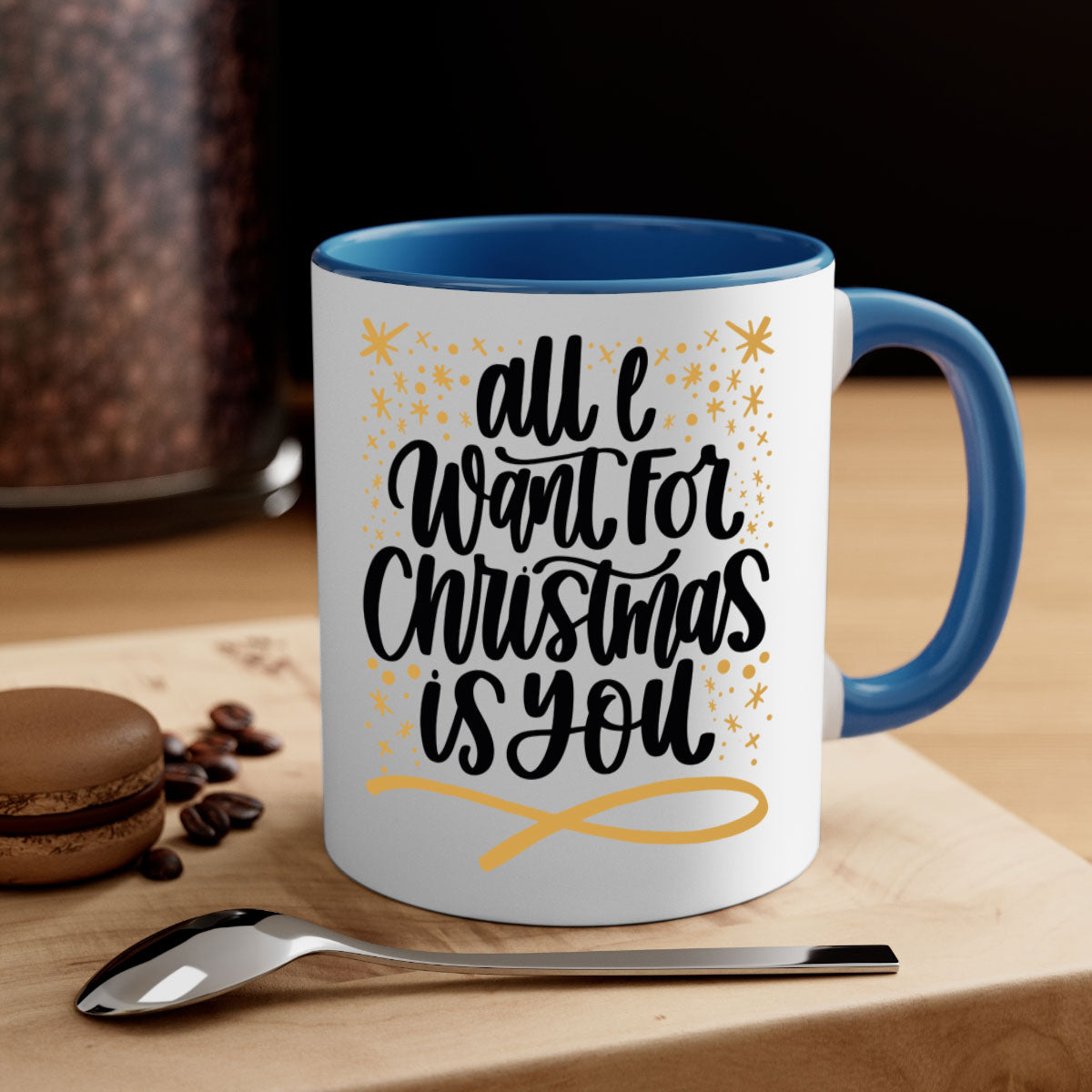 All I Want for Christmas Is You Gold Mug with a glossy finish and colorful handle, perfect for holiday beverages.