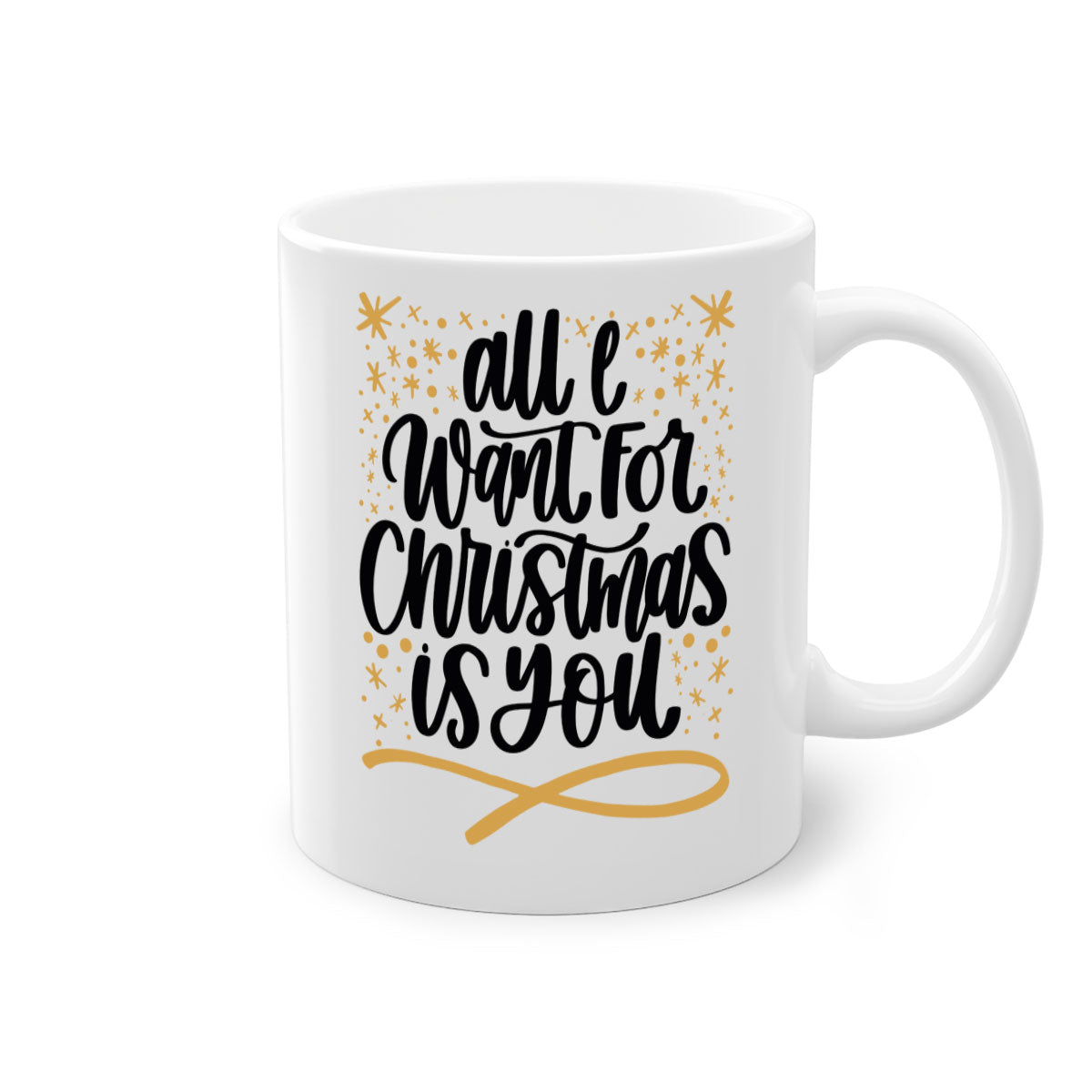 All I Want for Christmas Is You Gold Mug with a glossy finish and colorful handle, perfect for holiday beverages.