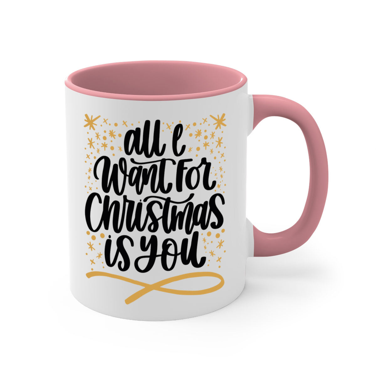 All I Want for Christmas Is You Gold Mug with a glossy finish and colorful handle, perfect for holiday beverages.