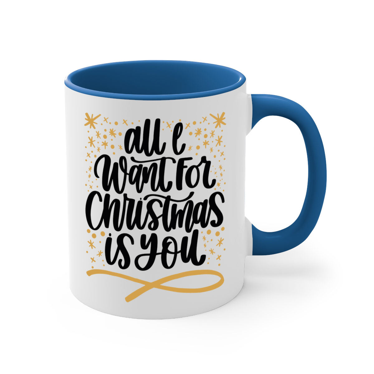 All I Want for Christmas Is You Gold Mug with a glossy finish and colorful handle, perfect for holiday beverages.
